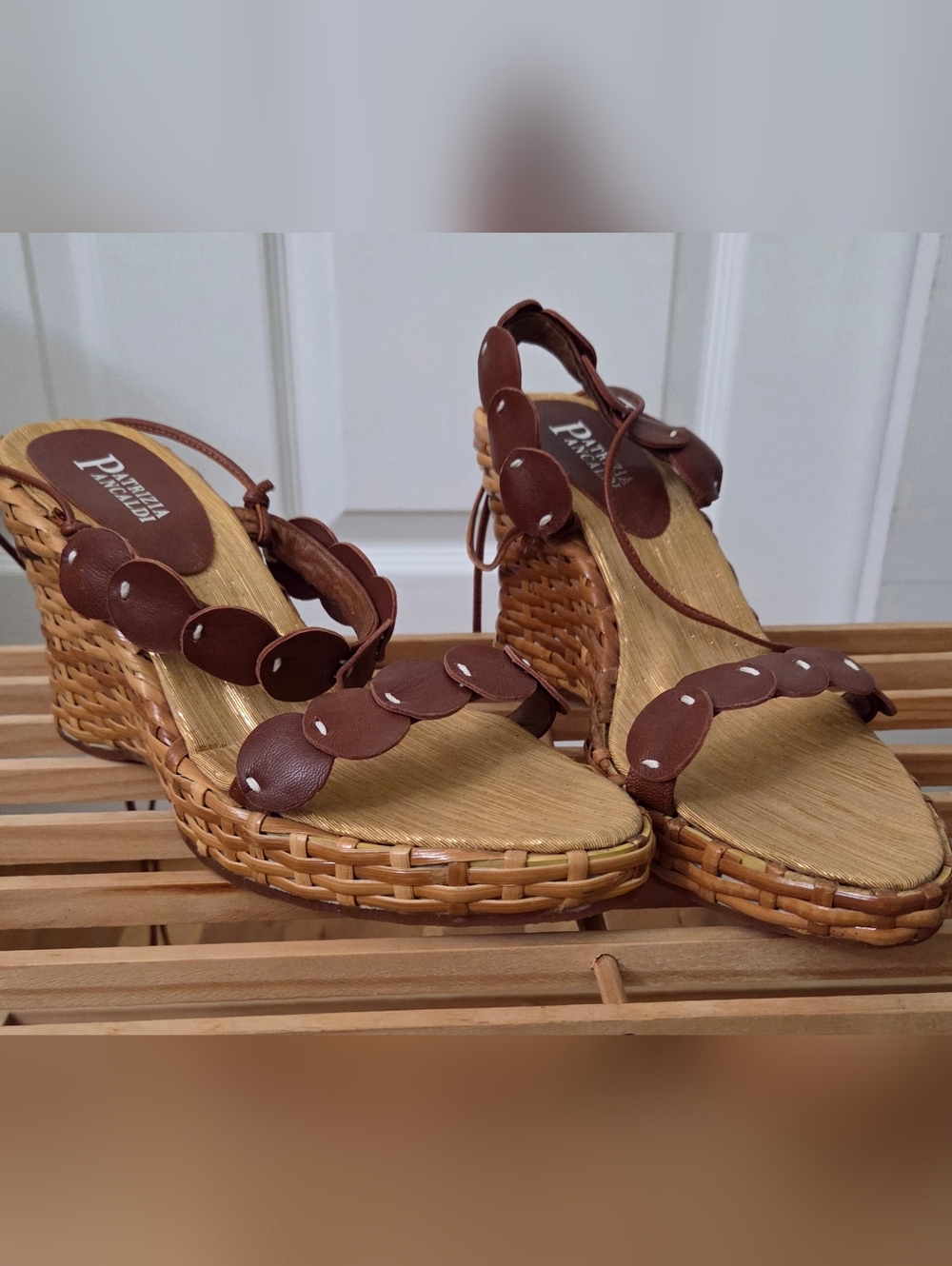 Brown Boho Chic Leather Sandals with Rattan Wedge - 10